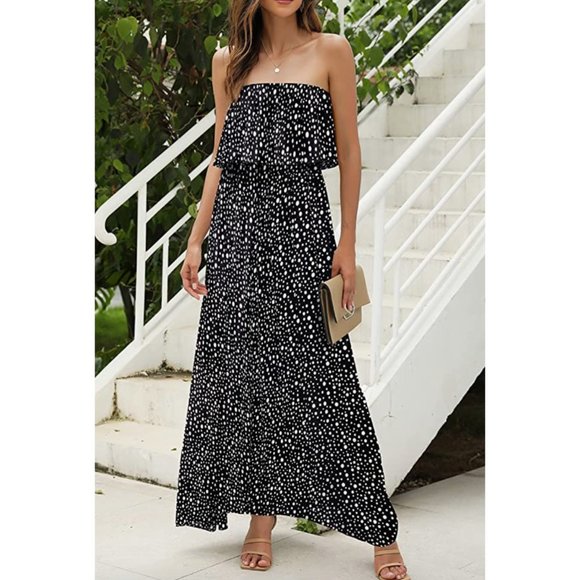 Dresses & Skirts - Boho Polka Dot Printed Ruffle Strapless Flowy Long Summer Maxi Dress